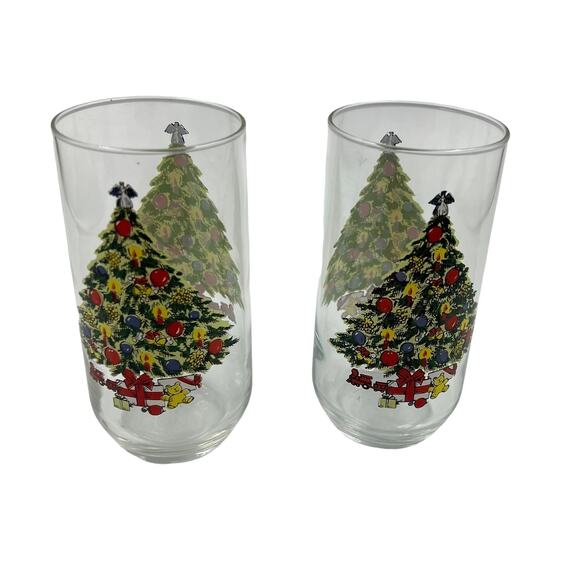 Vintage Set 2 Christmas Tree Drinking Glass Tumblers 10 oz Holiday Decor - Picture 1 of 8